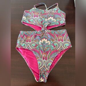 O’Neill Girls one piece cut-out swimsuit. Pink & Turquoise Paisley. Size 12